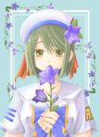  aino_ai aqua_background aria_(manga) beret blue_gloves breasts brown_eyes closed_mouth eyelashes fingerless_gloves flower gloves green_hair hair_between_eyes hair_flower hair_ornament hair_ribbon hat highres holding looking_at_viewer miyano_(yomuyom) own_hands_together purple_flower red_ribbon ribbon sailor_collar short_hair short_sleeves signature small_breasts smile swept_bangs upper_body white_headwear 