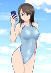  1girl arm_behind_back blue_one-piece_swimsuit blue_sky brown_eyes brown_hair cellphone closed_mouth cloud cloudy_sky competition_swimsuit covered_navel cowboy_shot day emblem girls_und_panzer highres holding holding_phone keizoku_(emblem) long_hair mika_(girls_und_panzer) no_headwear one-piece_swimsuit outdoors phone sky smartphone smile solo standing swimsuit tanaka_rikimaru 
