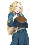  1girl absurdres belt blonde_hair blue_capelet blue_robe book bowl braid brown_belt capelet dungeon_meshi elf green_eyes heart highres holding holding_bowl hood hooded_capelet lewdrawings long_hair marcille_donato multiple_braids pointy_ears robe simple_background solo white_background 