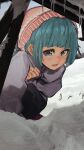  1girl aqua_hair blue_eyes casual highres jacket looking_at_viewer original russia scenery servachok short_hair snow solo tagme winter winter_clothes 