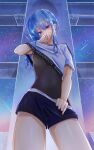  1girl blue_eyes blue_hair boco_deco breasts covered_navel covering_own_mouth cowboy_shot crop_top hair_between_eyes hand_up high_side_ponytail highres hololive hololive_dance_practice_uniform hoshimachi_suisei leotard leotard_under_clothes looking_at_viewer medium_breasts official_alternate_costume shirt short_shorts short_sleeves shorts sky solo star_(sky) star_(symbol) star_in_eye starry_sky symbol_in_eye thighs virtual_youtuber white_shirt 