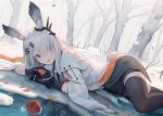  1girl absurdres animal_ears apple arknights bare_tree black_gloves black_skirt black_thighhighs blue_eyes blush capelet chinese_commentary commentary_request dutch_angle food frostnova_(arknights) fruit gloves hair_ornament hair_over_one_eye hairclip highres jacket long_bangs long_hair looking_at_viewer outdoors rabbit_ears rabbit_girl scar scar_on_face scar_on_nose skirt solo thighhighs tree welt_(kinsei_koutenkyoku) white_capelet white_hair white_jacket winter 