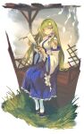  absurdres blue_skirt breasts detached_sleeves frog_hair_ornament gohei green_eyes green_hair hair_ornament highres hua_ha_jiazi kochiya_sanae long_hair looking_at_viewer nontraditional_miko shirt single_hair_tube sitting skirt snake_hair_ornament touhou white_shirt 