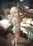  1girl barefoot bathroom bottle collarbone dress full_body hair_brush hair_twirling highres holding holding_hair_brush indoors long_hair long_sleeves messy_hair mirror original sink soap_bottle solo standing sweatdrop tamitami towel white_dress white_hair yellow_eyes 