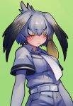  1girl absurdres belt breast_pocket breasts closed_mouth collared_shirt embarrassed eyelashes frown green_background grey_belt grey_necktie grey_pants grey_shirt hair_between_eyes head_wings highres kemono_friends large_breasts looking_to_the_side necktie pants pocket shirt shoebill_(kemono_friends) short_sleeves side_ponytail solo wings yellow_eyes yuuten 