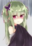  1girl absurdres bare_shoulders black_kimono blunt_bangs butterfly_hair_ornament commentary disgust frown green_hair hair_ornament hair_ribbon hand_up highres hime_cut japanese_clothes kimono long_hair looking_at_viewer murasame_(senren) open_mouth red_eyes red_ribbon ribbon senren_banka shaded_face sidelocks simple_background solo straight_hair sweatdrop two_side_up upper_body wide_sleeves yuuhodesu 