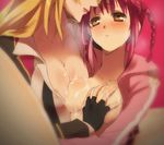  2girls blonde_hair blush breast_grab breasts breath grabbing head_out_of_fame multiple_girls red_background red_hair shikishima_mirei steam sweat tokonome_mamori valkyrie_drive valkyrie_drive_-mermaid- yuri 