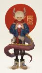  1other 2024 androgynous blue_rope blush commentary_request dragon_horns dragon_tail full_body glowing happy_new_year highres horns kunitarou-art magic orange_scarf orb original red_scarf rope scarf tail white_background white_footwear white_hair 