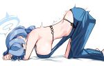  1girl ako_(blue_archive) ako_(dress)_(blue_archive) backless_dress backless_outfit bare_shoulders barefoot blue_archive blue_eyes blue_hair blue_halo blush breasts clenched_hand commentary_request dress earrings ert_raitsui full_body halo hanging_breasts highres implied_masturbation jewelry kneeling large_breasts looking_down motion_lines official_alternate_costume on_ground partial_commentary plunging_neckline see-through_silhouette shadow shudder sideboob simple_background sleeveless sleeveless_dress solo surprised top-down_bottom-up white_background 