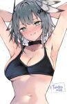  1girl arknights armpits arms_behind_head black_choker black_sports_bra blush breasts choker cleavage closed_mouth collarbone feather_hair green_eyes grey_hair greythroat_(arknights) highres kyuu_(plastic_night_q) long_hair looking_at_viewer medium_breasts navel short_hair simple_background smile solo sports_bra sweat upper_body white_background 