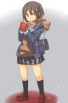  bag black_hair black_socks blue_bag blue_jacket blue_ribbon brown_footwear brown_scarf brown_sweater_vest commentary_request gloves grey_background grey_skirt handbag highres inaba_himeko izure jacket kneehighs kokoro_connect leaning_back light_blush looking_to_the_side miniskirt neck_ribbon orange_eyes own_hands_together plaid plaid_skirt pleated_skirt raised_eyebrows red_gloves ribbon scarf shadow shirt short_hair skirt smile snow snowing socks sweater_vest white_shirt 