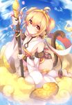  :3 absurdres ahoge andira_(granblue_fantasy) animal_ears bangs bare_shoulders barefoot blonde_hair blue_sky blush bow bracer breasts cherry_blossoms cleavage cleavage_cutout closed_mouth cloud collarbone day detached_sleeves diamond_(shape) earrings erune eyebrows eyebrows_visible_through_hair eyes_visible_through_hair feet fingernails fur granblue_fantasy hagoromo hair_between_eyes hairband halterneck highres holding holding_staff jewelry kaenuco leotard light_particles long_sleeves looking_at_viewer monkey_ears monkey_tail orange_eyes petals rope sash shawl shimenawa short_hair sitting sitting_on_cloud sky small_breasts solo sparkle staff striped striped_bow tail toes two_side_up wariza white_leotard wide_sleeves 