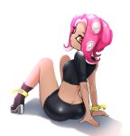  1girl agent_8_(splatoon) black_skirt closed_mouth commentary_request crop_top from_behind full_body high_heels highres looking_back medium_hair norishiitsu pencil_skirt pink_hair simple_background sitting skirt solo splatoon_(series) tentacle_hair white_background yellow_bracelet yellow_eyes 