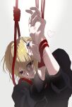  1boy absurdres artist_name black_sweater blonde_hair blue_eyes bound bound_wrists closed_mouth commentary_request hair_between_eyes heart highres holding holding_pen kamiki_hikaru korean_commentary long_sleeves looking_at_viewer male_focus noose oshi_no_ko pen red_rope rope self-harm_scar short_hair simple_background solo star-shaped_pupils star_(symbol) sweater symbol-shaped_pupils upper_body v white_background yubto_45 