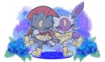  artist_name blue_flower boots border closed_eyes commentary_request fang flower forehead_jewel highres hisuian_sneasel holding_hands leaf liamchan2525 no_humans open_mouth pokemon pokemon_(creature) rain raincoat rubber_boots smile standing standing_on_one_leg twitter_username water weavile white_border 