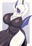 2023 absol anthro big_breasts black_clothing black_dress breasts chest_tuft cleavage clothed clothing curvy_figure dancing dress female generation_3_pokemon hair hair_over_eye hands_behind_head hi_res hourglass_figure huge_breasts nintendo one_eye_obstructed pokemon pokemon_(species) pole pole_dancing side_slit_dress solo tailzkim tuft