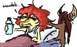 alpha_channel anthro bed bottle clothing colored compsognathid compsognathus container dialogue dinosaur fake_horns faustanon female frown furniture hair hat headgear headwear holding_bottle holding_container holding_object ill messy_hair narrowed_eyes on_bed pillow red_hair reptile scales scalie schizo_chan_(snoot_game) simple_background snoot_game snout solo speech_bubble tan_body tan_scales theropod transparent_background under_covers water water_bottle