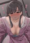  1girl absurdres black_hair blush braid breasts breasts_apart collarbone floral_print heart highres idolmaster idolmaster_cinderella_girls indoors japanese_clothes kimono kobayakawa_sae looking_at_viewer medium_breasts nose_blush pink_kimono smile solo sweat takatsuki_p 