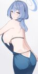  1girl ako_(blue_archive) ako_(dress)_(blue_archive) ass back backless_dress backless_outfit bare_shoulders blue_archive blue_dress blue_eyes blue_hair blush breasts closed_mouth dress enosan from_behind hair_between_eyes hairband halo highres large_breasts looking_at_viewer looking_back official_alternate_costume sideboob simple_background solo standing white_background 