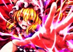  1girl absurdres ascot blonde_hair blush collared_shirt fangs flandre_scarlet hair_between_eyes harii_(janib5kc) hat highres incoming_attack mob_cap open_mouth red_eyes red_theme shirt solo teeth touhou upper_teeth_only yellow_ascot 