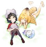  2girls :3 animal_ears backpack backpack_removed bag bare_shoulders black_hair blonde_hair boots bow bowtie commentary elbow_gloves extra_ears eyes_closed gloves hat hat_feather hat_removed headwear_removed helmet high-waist_skirt kaban_(kemono_friends) kemono_friends legwear_under_shorts loafers lucky_beast_(kemono_friends) lying multicolored_hair multiple_girls on_back on_stomach pantyhose pith_helmet print_gloves print_legwear print_neckwear serval_(kemono_friends) serval_ears serval_print serval_tail shoes short_hair short_sleeves shorts skirt sleeping sleeveless tail thighhighs uhhgaoh zettai_ryouiki 