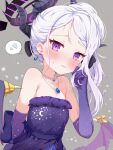  1girl absurdres black_horns blue_archive blush closed_mouth dangle_earrings demon_horns dress earrings elbow_gloves gloves grey_hair highres hina_(blue_archive) hina_(dress)_(blue_archive) horns jewelry long_hair mikumiku37 multiple_horns necklace pendant purple_dress purple_eyes purple_gloves purple_wings solo spoken_sweatdrop strapless strapless_dress sweatdrop upper_body wings 