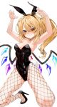  1girl alternate_costume animal_ears armpits arms_up bare_arms bare_shoulders black_footwear black_leotard blonde_hair blush breasts collarbone commentary_request crystal_wings fake_animal_ears fishnet_pantyhose fishnets flandre_scarlet gotou_(nekocat) hair_between_eyes high_heels highres kneeling leotard long_hair medium_breasts nose_blush pantyhose playboy_bunny rabbit_ears rabbit_pose red_eyes side_ponytail simple_background solo touhou white_background 