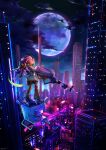 1girl ass blue_sky building cityscape cloud commentary covered_mouth drone e-liter_4k_(splatoon) eyelashes full_body full_moon gradient_sky green_eyes gun high_heels highres holding holding_gun holding_weapon huge_moon looking_back moon moromi_(kscd4482) night night_sky octoling octoling_girl purple_hair sky skyscraper solo splatoon_(series) splatoon_3 standing thick_eyebrows weapon 