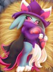 anthro blush canid canine clothing egg female fox hat headgear headwear hi_res holding_egg holding_object katress liet4649 looking_at_viewer mammal on_hay pal_(species) palworld pink_eyes purple_clothing purple_hat purple_headwear signature solo straw witch_hat