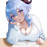  1girl blue_hair breasts bu_weizhuang cleavage commentary_request ganyu_(genshin_impact) genshin_impact grey_eyes hand_up head_rest head_tilt horns large_breasts long_hair long_sleeves looking_at_viewer open_mouth shirt simple_background solo upper_body white_background white_shirt 