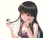  1girl absurdres acelroiutdh bare_shoulders black_dress black_hair blunt_bangs blush bracelet breasts brown_eyes cleavage closed_mouth dress furrowed_brow highres idolmaster idolmaster_cinderella_girls jewelry kurokawa_chiaki long_hair looking_at_viewer medium_breasts necklace pink_dress playing_with_own_hair sleeveless sleeveless_dress solo upper_body white_background 