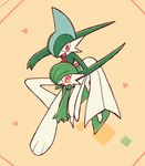  blush carrying carrying_under_arm full_body gallade gardevoir gen_3_pokemon gen_4_pokemon green_hair heart holding holding_pokemon multicolored_hair open_mouth orange_background pokemon pokemon_(creature) red_eyes shiwo_(siwosi) short_hair simple_background smile two-tone_hair 