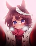  1girl animal_ears black_shirt blush breath brown_hair closed_mouth coat commentary_request feng_feng_(yopokaede) fringe_trim fur-trimmed_coat fur_trim horse_ears looking_at_viewer meme multicolored_hair open_clothes open_coat pov_cheek_warming_(meme) purple_eyes red_scarf scarf shirt smile solo streaked_hair tokai_teio_(umamusume) twitter_username umamusume upper_body white_coat white_hair 