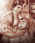 abs another_eidos_of_dragon_vein_r anthro bald beard big_muscles big_nipples big_pecs caressing clothed clothing cupping_chin duo eyes_closed facial_hair felid fur hair hellion_(anothereidos_r) hi_res holding_partner human human_on_anthro interspecies kafka_(anothereidos_r) male male/male mammal muscular muscular_anthro muscular_human muscular_male nipples pantherine pecs sideburns sleeping suamaru0808 topless topless_male