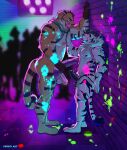 absurd_res anthro bodypaint dance_floor dildo duo erection eye_contact felid flaccid foreskin frohti genitals harness hi_res horn kivi_(kivitgr) looking_at_another male male/male mammal muscular nipple_piercing nipples pantherine penis piercing public red_winds sex_toy size_difference tiger