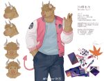  1boy absurdres animal_print autumn_leaves bara bear_print brown_fur cd_case cellphone chewing_gum chinese_text demon_tail denim facing_to_the_side furry furry_male goo_(koushishikou11) hair_over_eyes highres hockey_sweater introduction jacket jeans keychain large_pectorals looking_at_viewer male_focus minotaur multiple_views muscular muscular_male open_clothes open_jacket original panda_print pants pectorals phone pink_tail short_hair smartphone smile solo straight-on tachi-e tail translation_request waving 