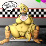 anthro avian beak bib big_breasts bird breasts chica_(fnaf) chicken digital_media_(artwork) english_text female five_nights_at_freddy&#039;s food food_fetish food_play galliform gallus_(genus) genitals leostail machine nipples nude overweight phasianid pizza pizza_box pizza_slice pussy robot scottgames slightly_chubby solo teeth text