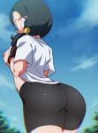  1girl ass bike_shorts black_hair black_shorts blue_eyes blush breasts cameltoe dragon_ball dragon_ball_z fingerless_gloves from_behind gloves looking_at_viewer looking_back medium_breasts midriff nipples rom_(20) shirt shorts solo thighs twintails videl white_shirt 