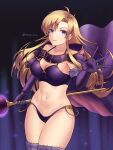  1girl artist_name asymmetrical_bangs blonde_hair blue_eyes brandish breasts cape cleavage closed_mouth curtained_hair dela_delon elbow_gloves eyelashes fur-trimmed_gloves fur_trim gloves highleg highres holding holding_staff large_breasts long_hair navel purple_cape purple_gloves rerecoro smile solo staff twitter_username 