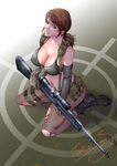 bare_shoulders bikini breasts brown_hair cleavage female from_above gun kneeling large_breasts looking_at_viewer metal_gear_(series) metal_gear_solid_v navel pantyhose parted_lips ponytail quiet_(metal_gear) silver_eyes sitting sniper_rifle solo swimsuit torn_s weapon 