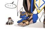  ... 1boy animal cat close-up cosplay dabin egyptian_clothes fate/grand_order fate_(series) feet foot_focus hamster head_out_of_frame highres ozymandias_(fate) ozymandias_(fate)_(cosplay) simple_background speech_bubble spoken_ellipsis standing toeless_footwear white_background 