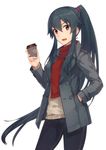  :d absurdres alternate_costume beige_sweater black_hair black_pants breasts coffee_cup cowboy_shot cup disposable_cup eyebrows_visible_through_hair floating_hair grey_jacket hair_between_eyes hair_ornament hand_in_pocket high_ponytail highres holding jacket kantai_collection konishi_(koconatu) large_breasts long_hair looking_at_viewer official_art open_clothes open_jacket open_mouth pants red_eyes red_scarf ringed_eyes scan scarf simple_background smile solo standing sweater very_long_hair white_background yahagi_(kantai_collection) 