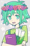  1boy antenna_hair basil_(headspace)_(omori) basil_(omori) book commentary_request floral_background flower green_eyes green_hair green_shirt head_wreath highres holding holding_book hugging_book hugging_object male_focus omori open_mouth shirt signature smile solo tsunoji tulip upper_body white_flower white_tulip 