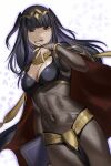  1girl abinosu0903 bangle black_cape black_hair black_nails blunt_bangs bodystocking book bracelet breasts cape circlet cleavage covered_navel fire_emblem fire_emblem_awakening highres holding holding_book jewelry large_breasts long_hair purple_eyes skin_tight solo tharja_(fire_emblem) tiara 