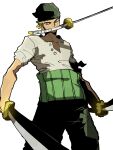  1boy absurdres arm_at_side artistic_error baggy_pants bandana bandana_around_arm black_pants buttons cowboy_shot earrings foreshortening gold_earrings green_bandana green_hair grey_eyes haramaki head_tilt highres holding holding_sword holding_weapon isaacchief300 jewelry katana legs_apart looking_at_viewer male_focus medium_sideburns mouth_hold multiple_earrings one_piece pants roronoa_zoro shirt short_hair short_sleeves simple_background solo standing sword triple_wielding unbuttoned v-shaped_eyebrows weapon weapon_in_mouth white_background white_shirt 