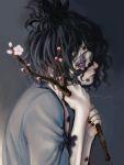  1boy birthmark black_hair black_nails blue_eyes branch bruise bruise_on_face bud cherry_blossoms eyeshadow facial_mark flower from_side grey_background grey_kimono gyuutarou_(kimetsu_no_yaiba) hands_up head_tilt highres holding holding_branch injury japanese_clothes kimetsu_no_yaiba kimono looking_ahead makeup male_focus minamoto_(tomonami_66) profile signature solo topknot upper_body 