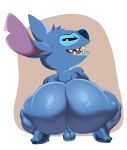 alien anthro balls big_butt blue_body blue_fur butt crouching disney experiment_(lilo_and_stitch) fur genitals hi_res huge_butt jerseydevil lilo_and_stitch looking_at_viewer looking_back looking_back_at_viewer male notched_ear nude presenting presenting_hindquarters sharp_teeth short_tail solo stitch_(lilo_and_stitch) tail teapot_(body_type) teeth thick_thighs