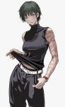  1girl absurdres bare_shoulders belt belt_buckle black_hair black_pants black_shirt buckle closed_mouth commentary english_commentary green_eyes highres jujutsu_kaisen muscular muscular_female one_eye_closed pants scar scar_on_arm scar_on_face shiren_(ourboy83) shirt short_hair simple_background sleeveless sleeveless_shirt solo turtleneck turtleneck_shirt white_background white_belt zen&#039;in_maki 