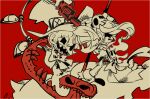  2girls bird bloody_marie_(skullgirls) dress eye_socket gun hair_ornament holding holding_gun holding_weapon maid multiple_girls peacock red_background red_eyes red_theme revolver short_hair simple_background skull skull_hair_ornament skullgirls weapon yamada9000 