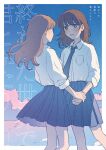  2girls blue_necktie blue_skirt blush border breast_pocket brown_eyes brown_hair collared_shirt commentary_request eye_contact face-to-face feet_out_of_frame holding_hands long_hair looking_at_another medium_hair multiple_girls nahara_saki necktie orange_hair original outside_border parted_lips pleated_skirt pocket shirt shirt_tucked_in skirt sleeves_rolled_up standing translation_request unfinished white_border white_shirt wind yuri 